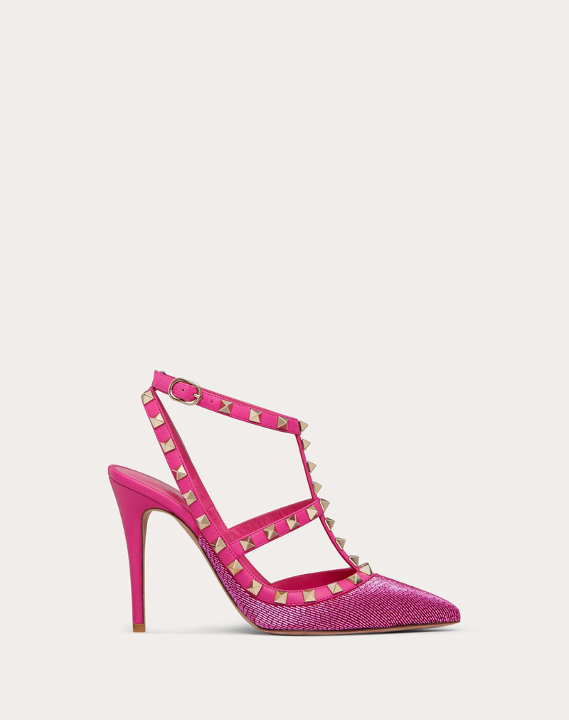 SATIN ROCKSTUD PUMP WITH ALL-OVER TUBES EMBROIDERY AND STRAPS 100MM 1