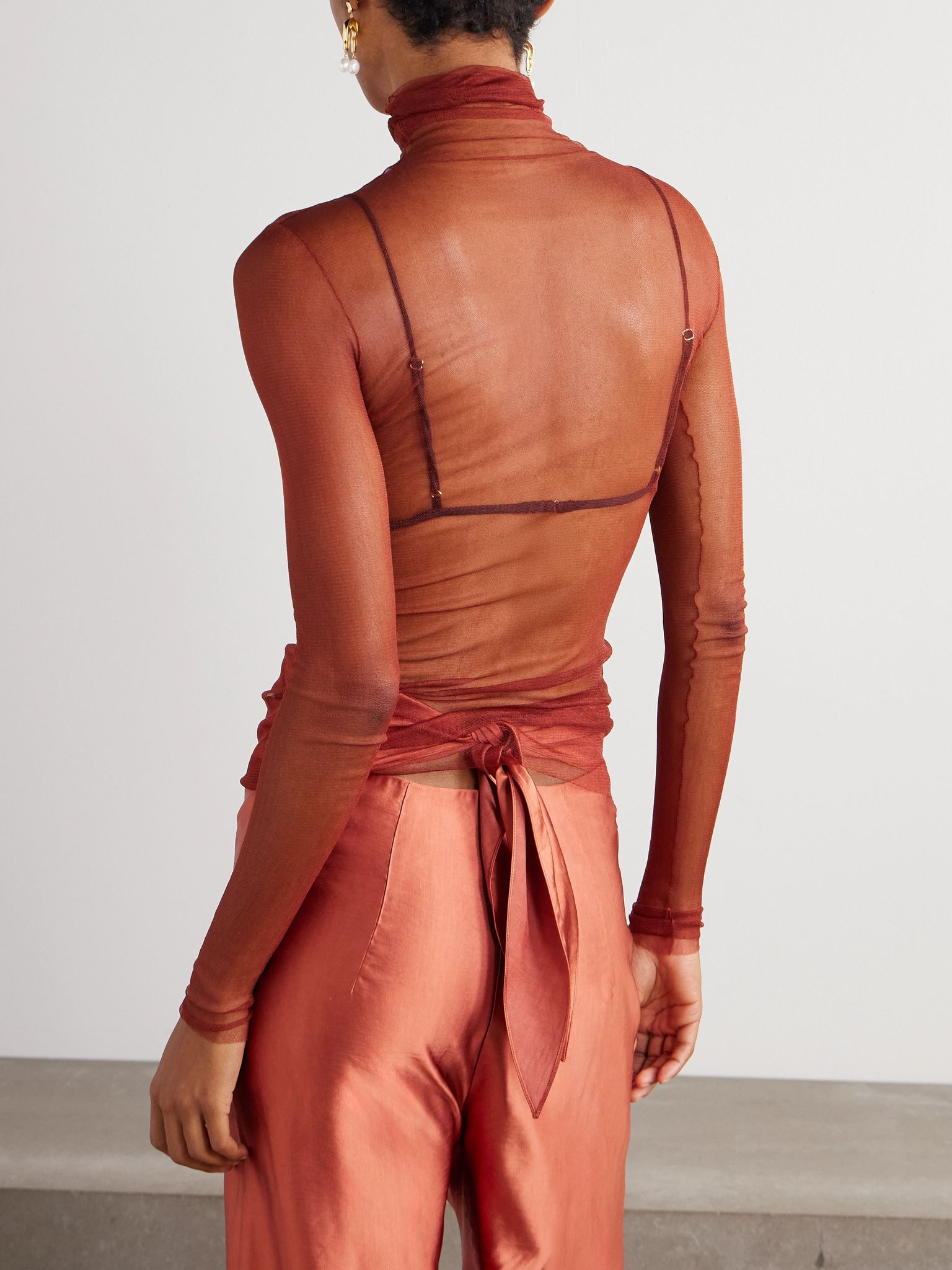 Cisne silk-blend tulle turtleneck top Brick - 4