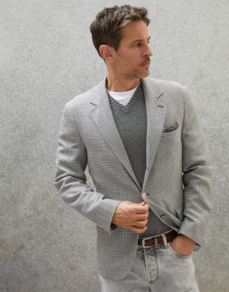 Virgin wool, silk and linen Prince of Wales deconstructed blazer 1