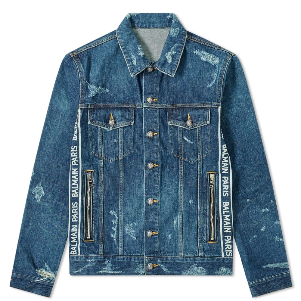 Balmain Taped Logo Distressed Denim Jacket - 1