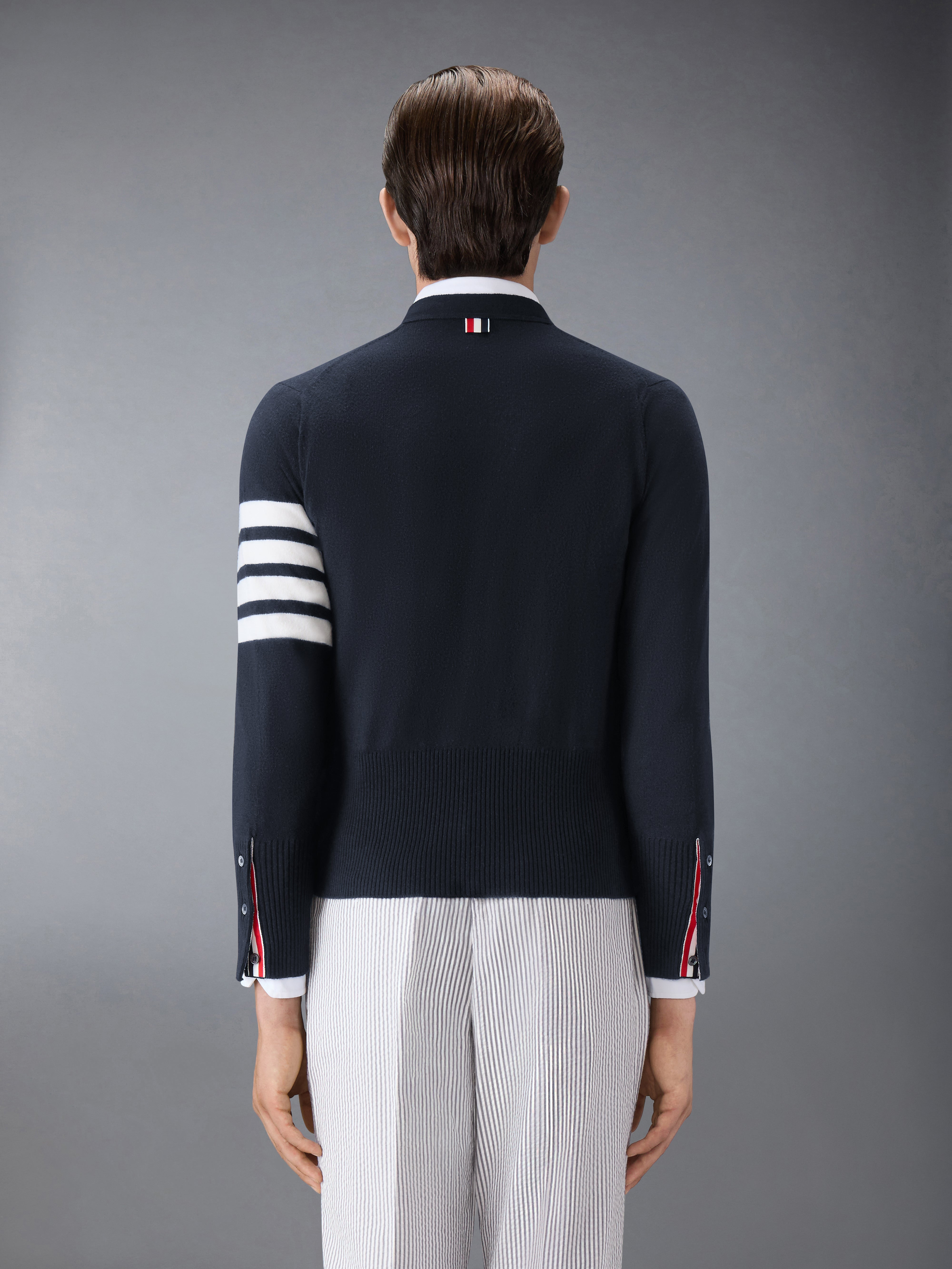 Navy Cashmere 4-bar V-neck Cardigan - 3