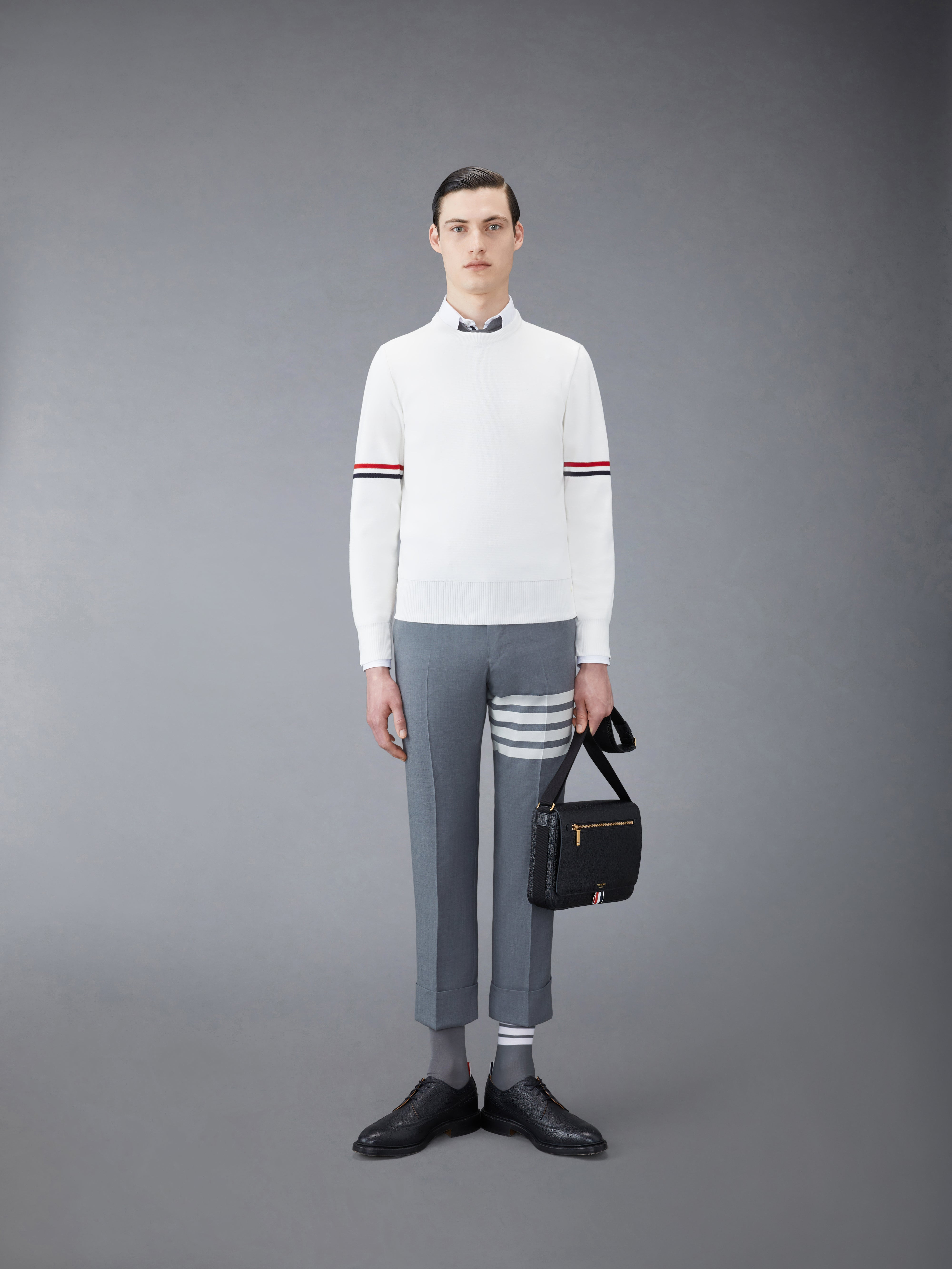 White Cotton Milano Stitch Stripe Armband Crewneck Pullover - 3