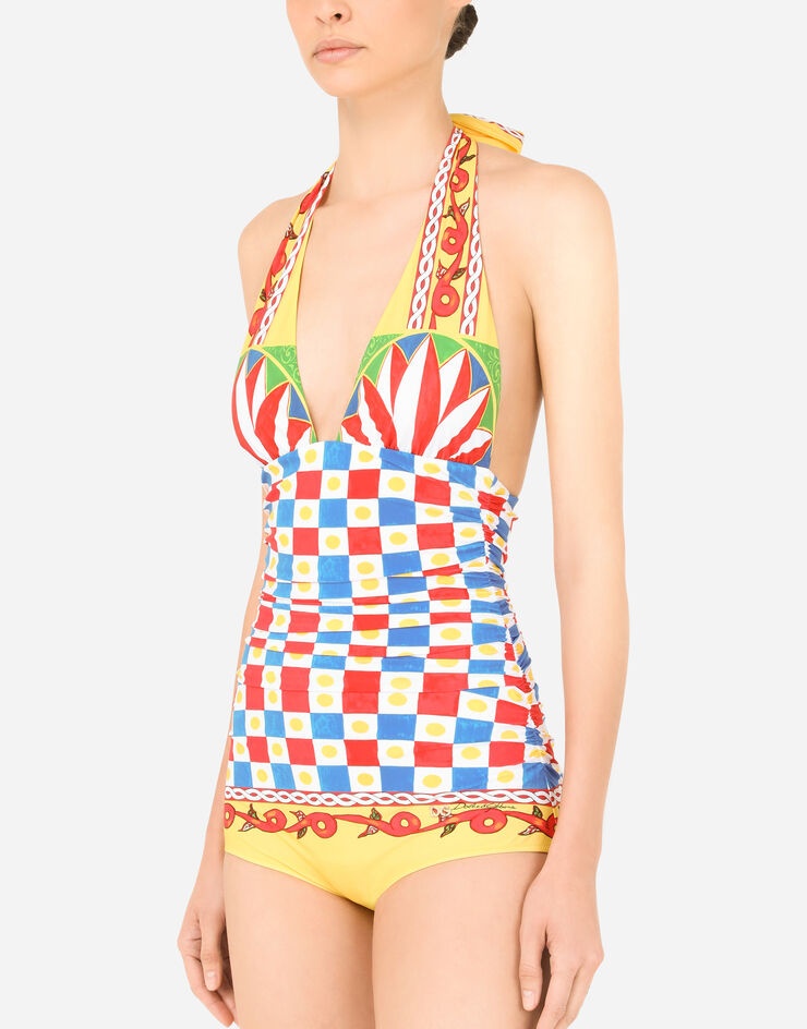 Carretto-print one-piece swimsuit with plunging neckline - 4