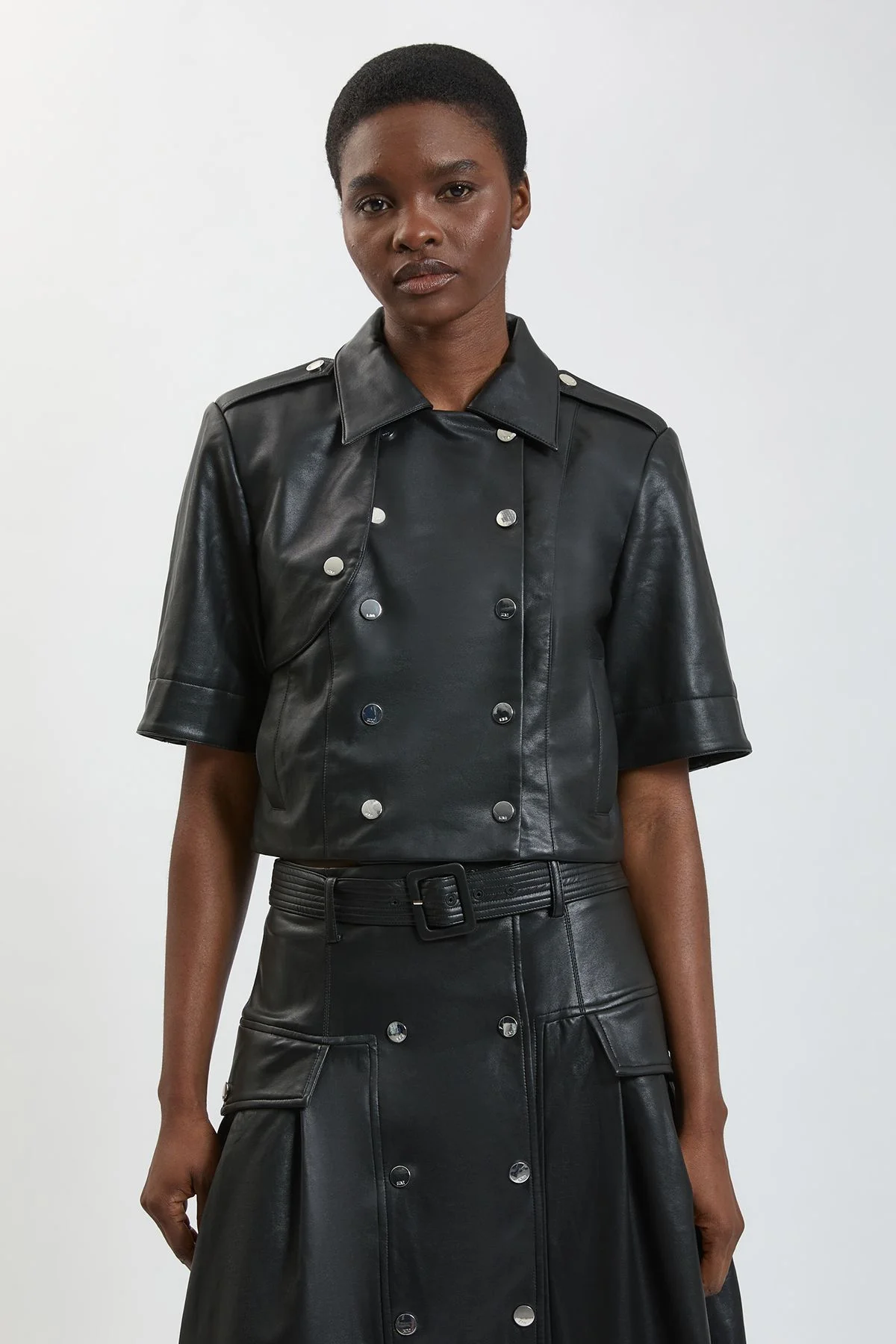 Faux Leather Cropped Trench Jacket - 1