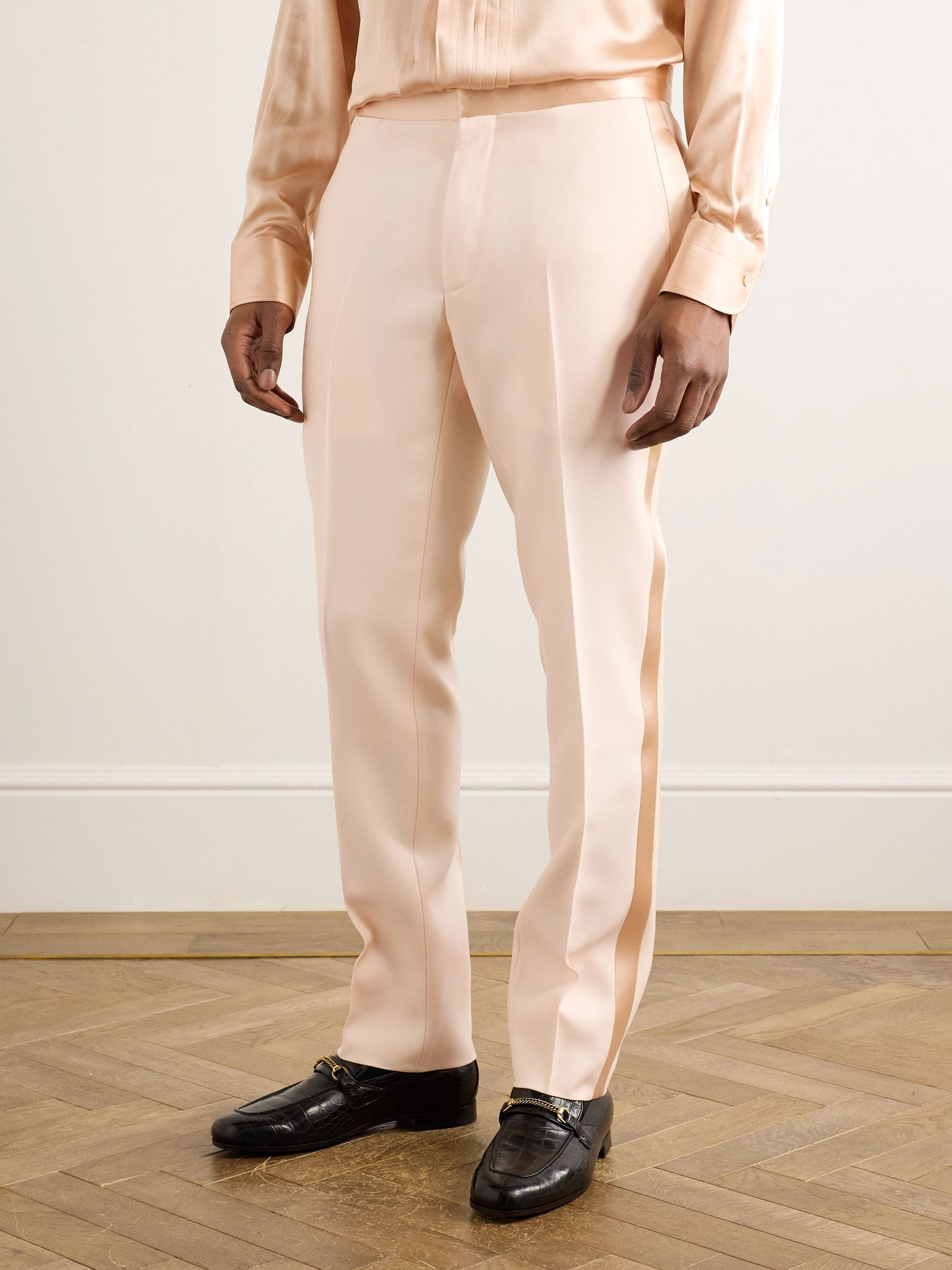 Tapered Satin-Trimmed Wool and Silk-Blend Twill Tuxedo Trousers Beige - 3