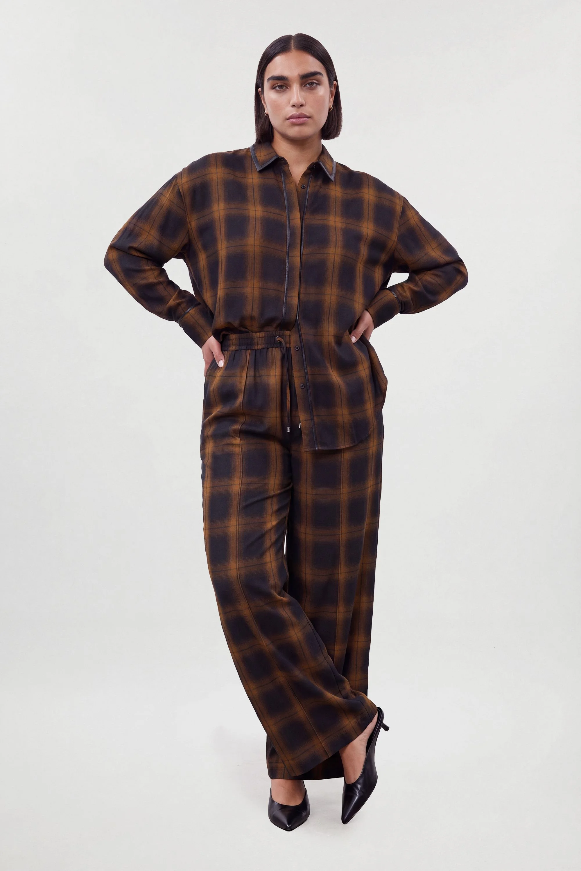 Plus Size Check PU Trim Detail Wide Leg Trouser - 1