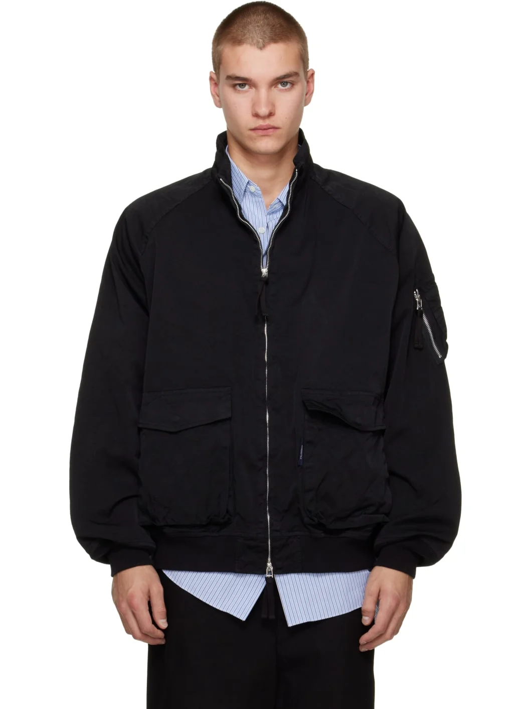 Black Garment Dyed Nylon Zip Up Bomber Jacket - 1