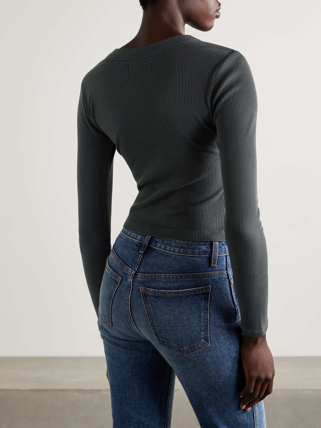 Varra ribbed jersey Henley top Charcoal - 4
