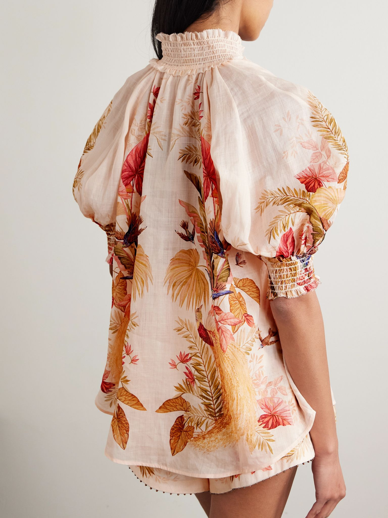 Ascension embellished shirred floral-print ramie blouse Cream - 4