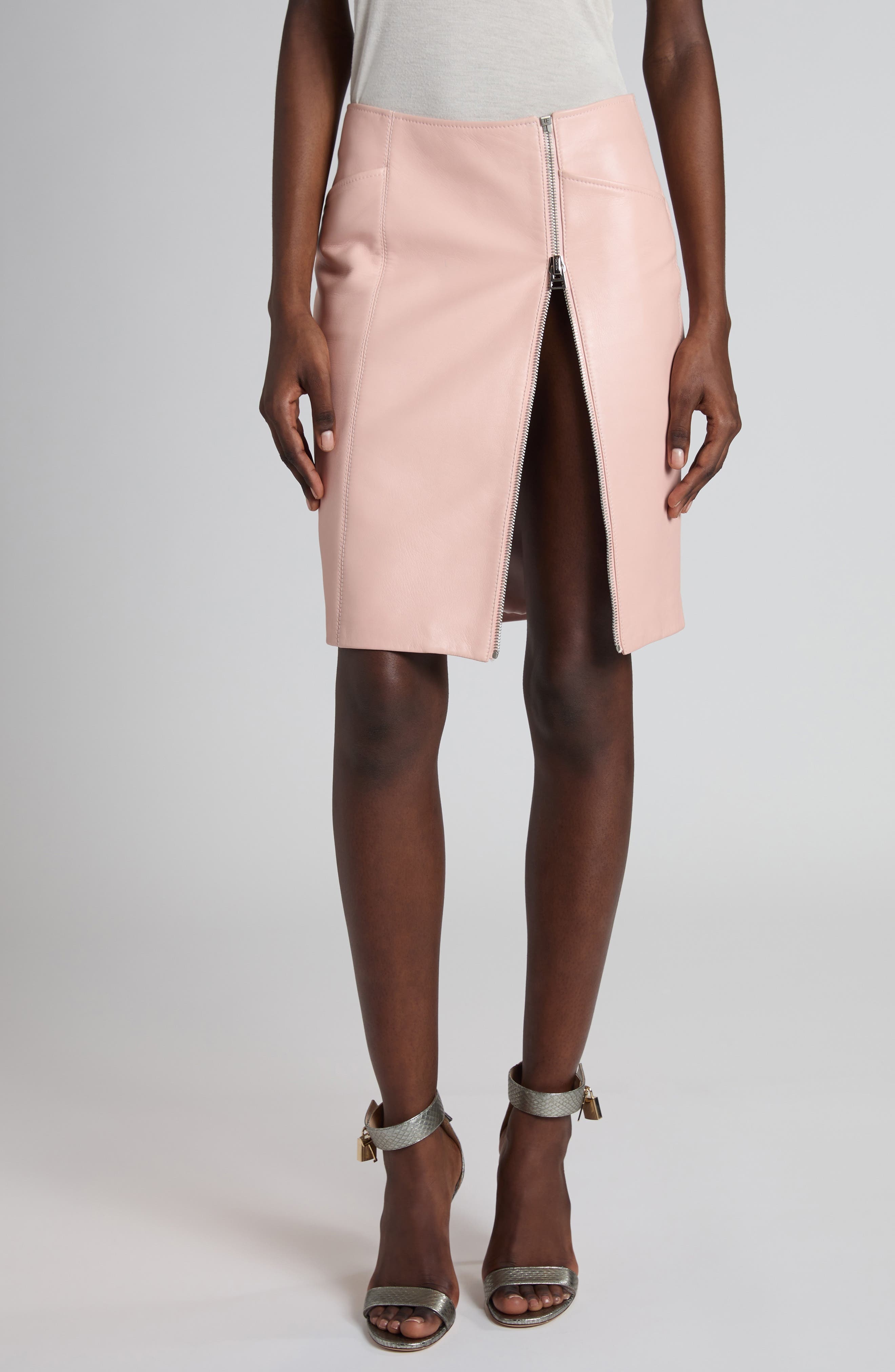 TOM FORD Zip Detail Lambskin Leather Skirt in Powder Pink at Nordstrom - 1