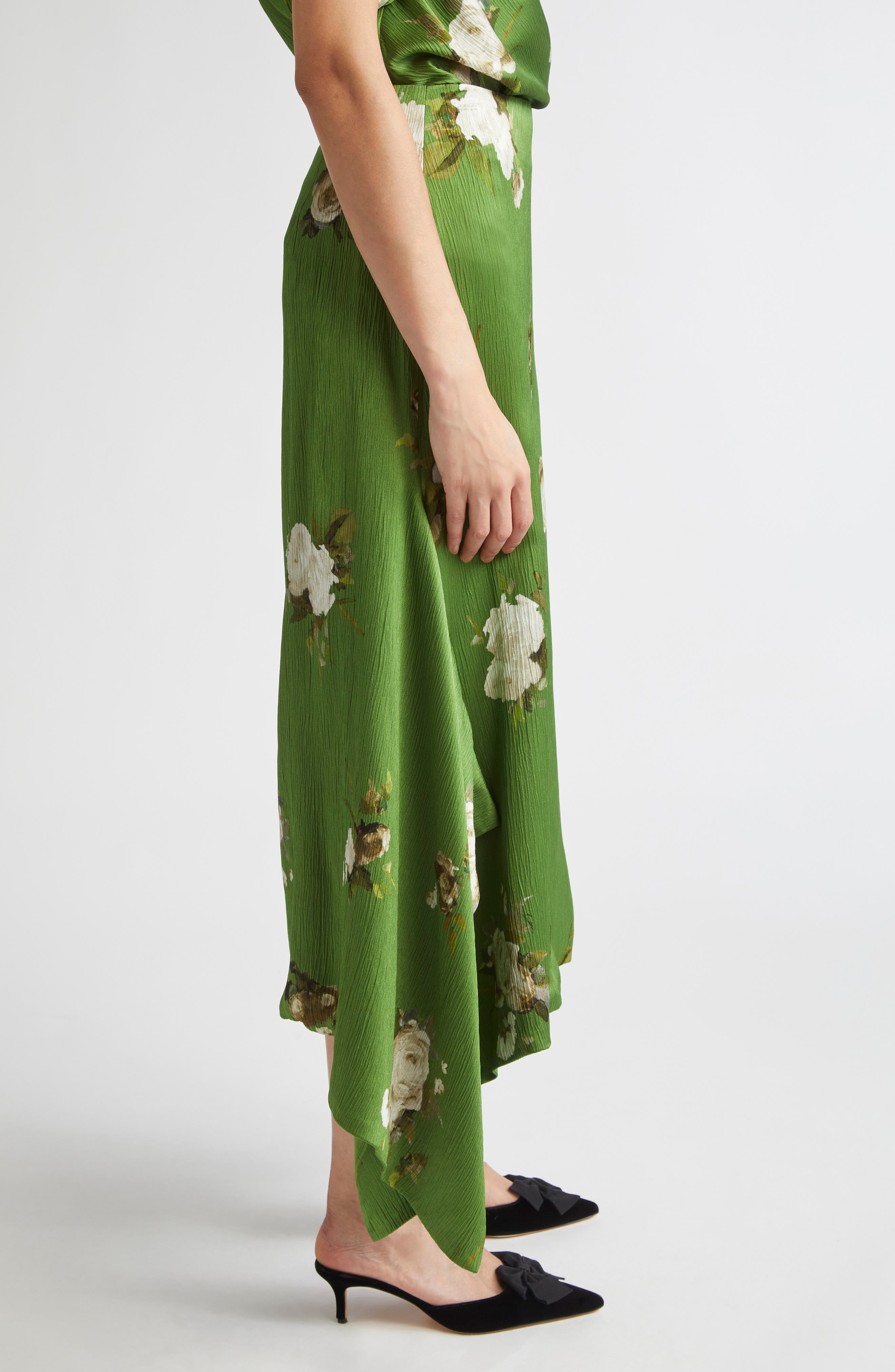 Erdem Rose Print Crinkled Satin Midi Skirt in Painted Rose Bouquet Olive at Nordstrom - 4