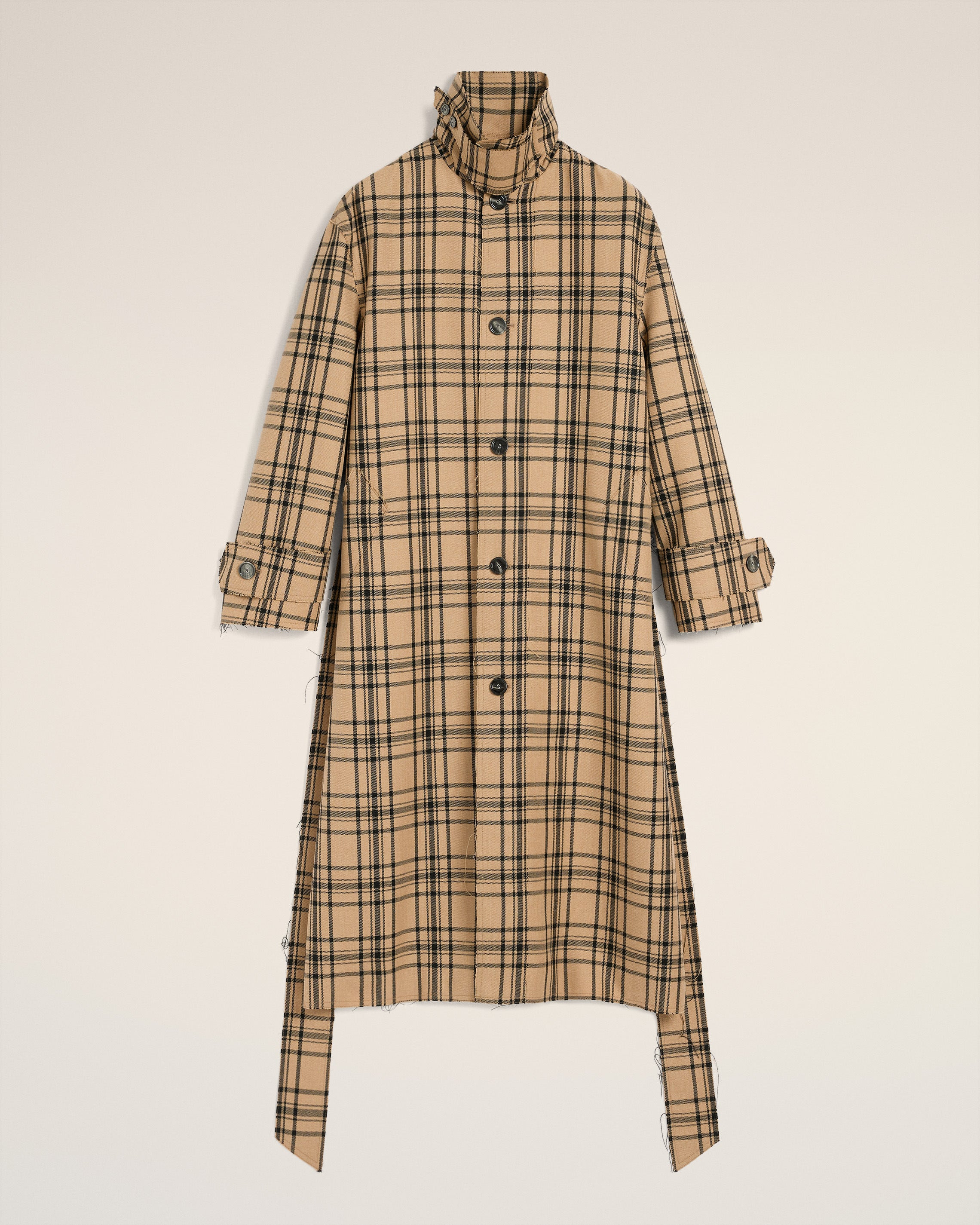 BROWN WOOL CHECKED BELTED MAC - 8