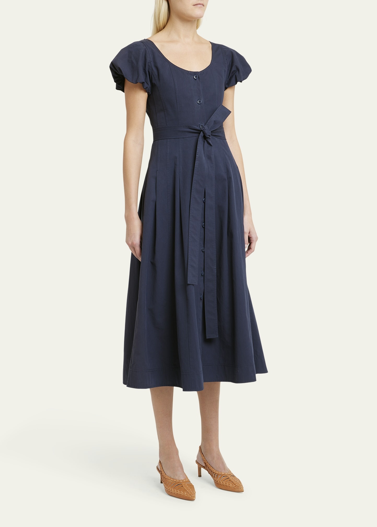 Rhea Puff-Sleeve Belted Midi Poplin Dress - 4