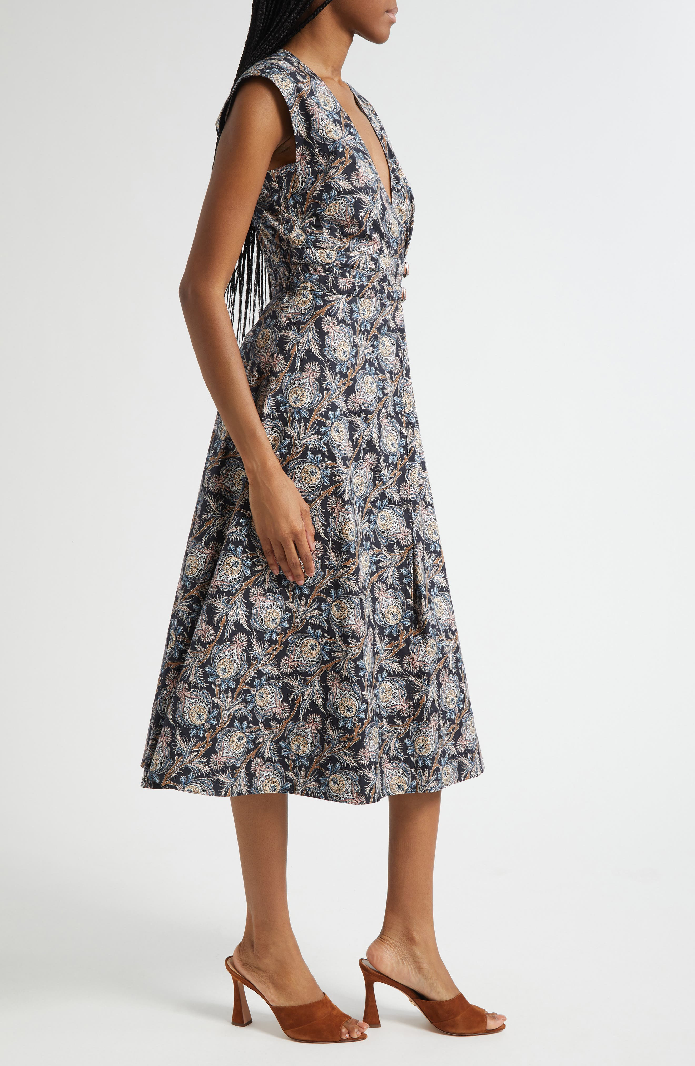 Veronica Beard Nilsen Paisley Floral Stretch Cotton Midi Dress in Black Multi at Nordstrom - 3