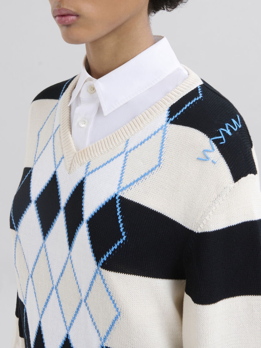 BLACK AND WHITE STRIPED ARGYLE COTTON JUMPER - 4