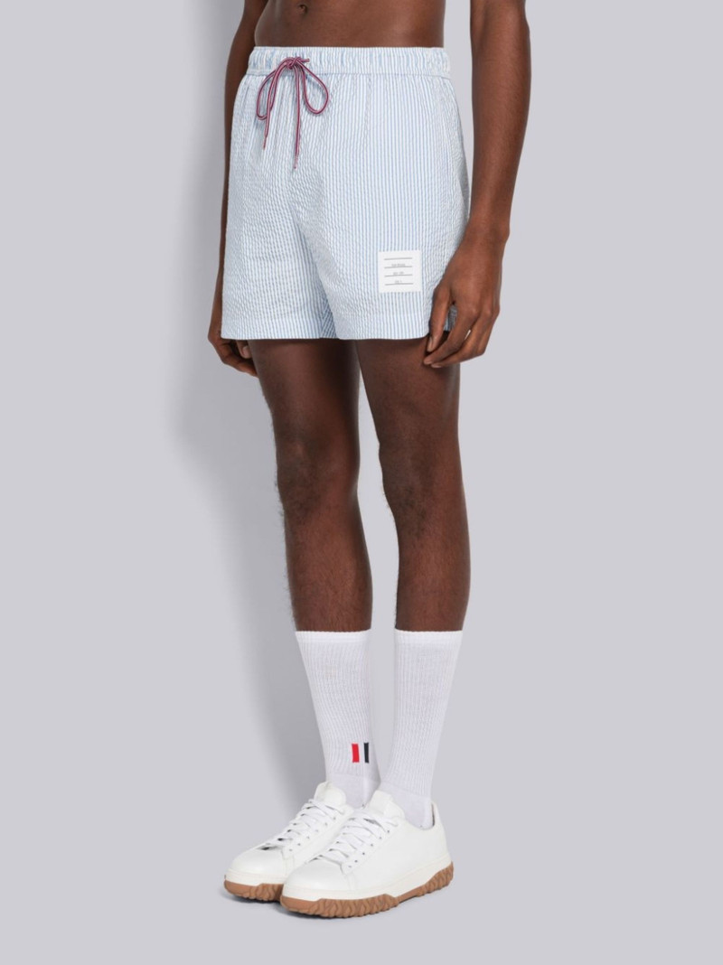 Thom Browne seersucker logo-patch swim shorts outlook