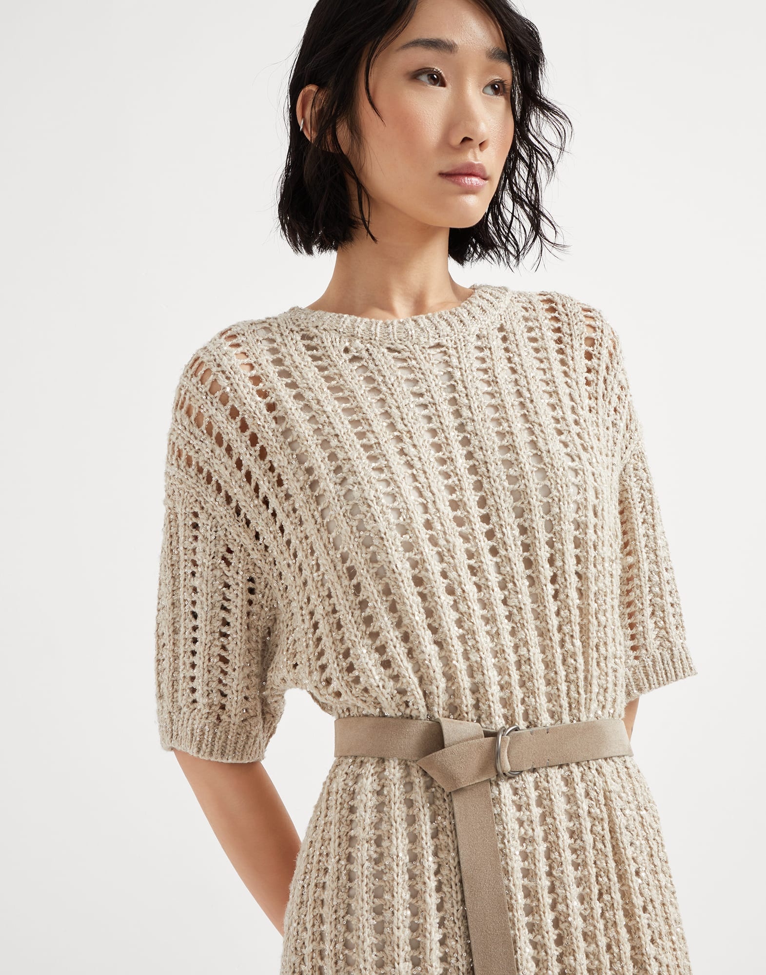 Dazzling silk and linen openwork rib knit dress with suede belt - 3
