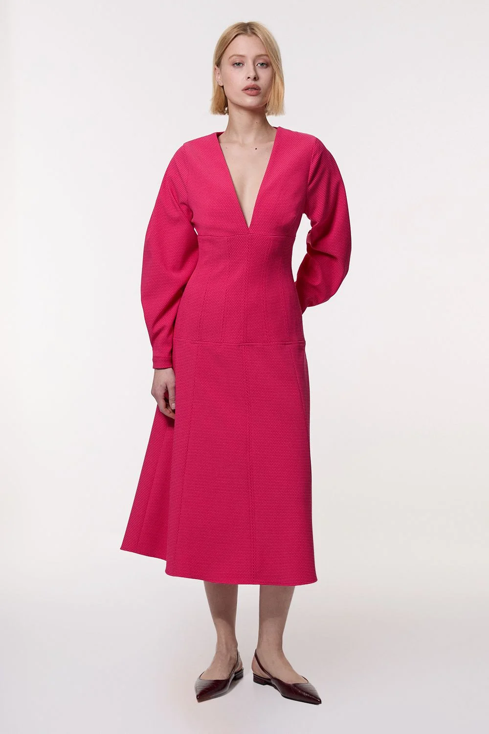 Textured Tailored Dropped Waist Sleeved Midaxi Dress - 1