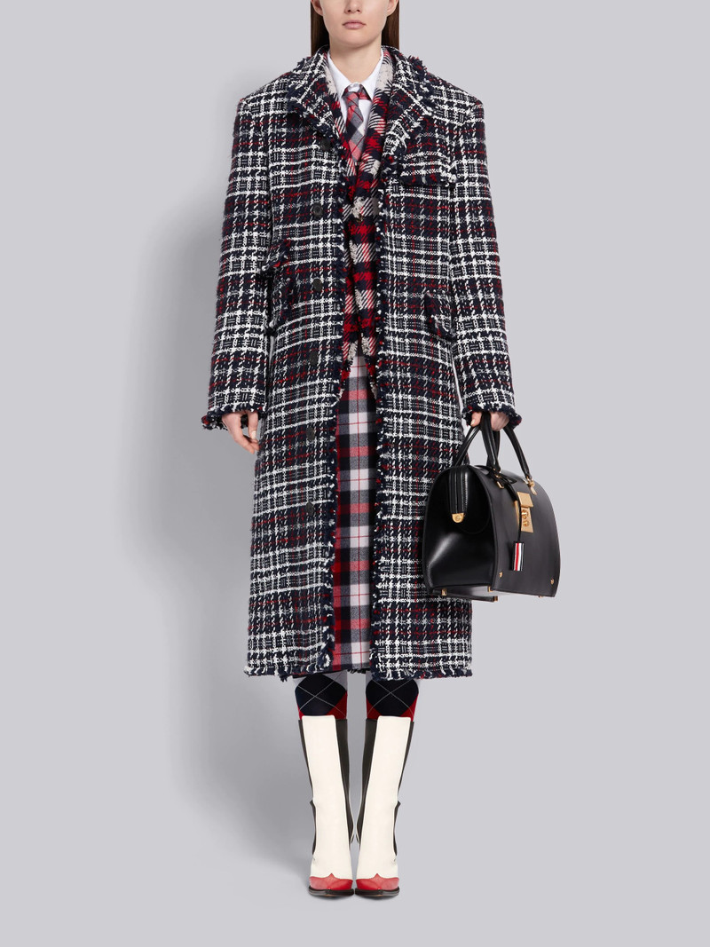 Navy Check Tweed Frayed Edge Ticket Pocket Long Chesterfield Overcoat 4