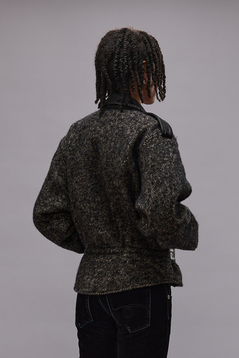 EXAGGERATED SHOULDER MOTORCYCLE JACKET WITH CUFFS - BLACK HERRINGBONE - R13 5
