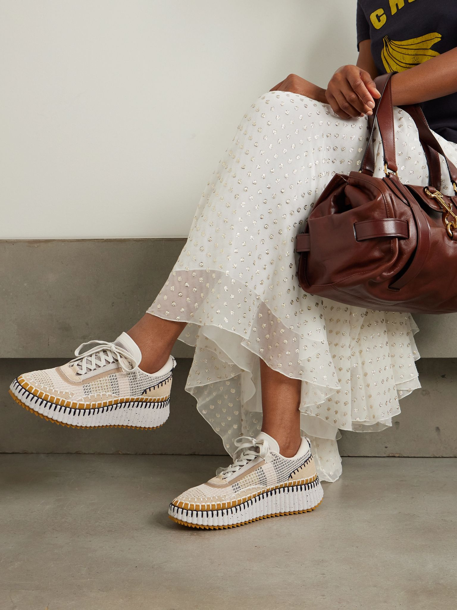 Nama embroidered suede and recycled-mesh sneakers Beige - 2