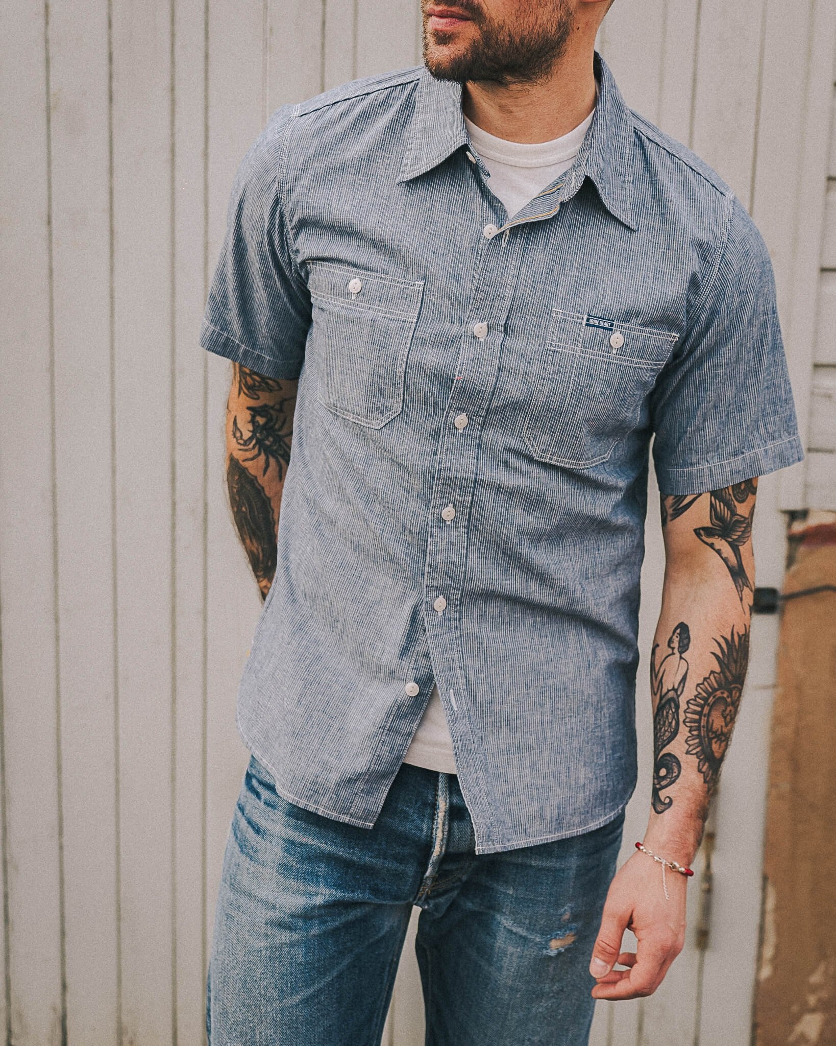 IHSH-285-PIN 5.5oz Selvedge Pinstripe Chambray Short Sleeve Work Shirt - Indigo - 4