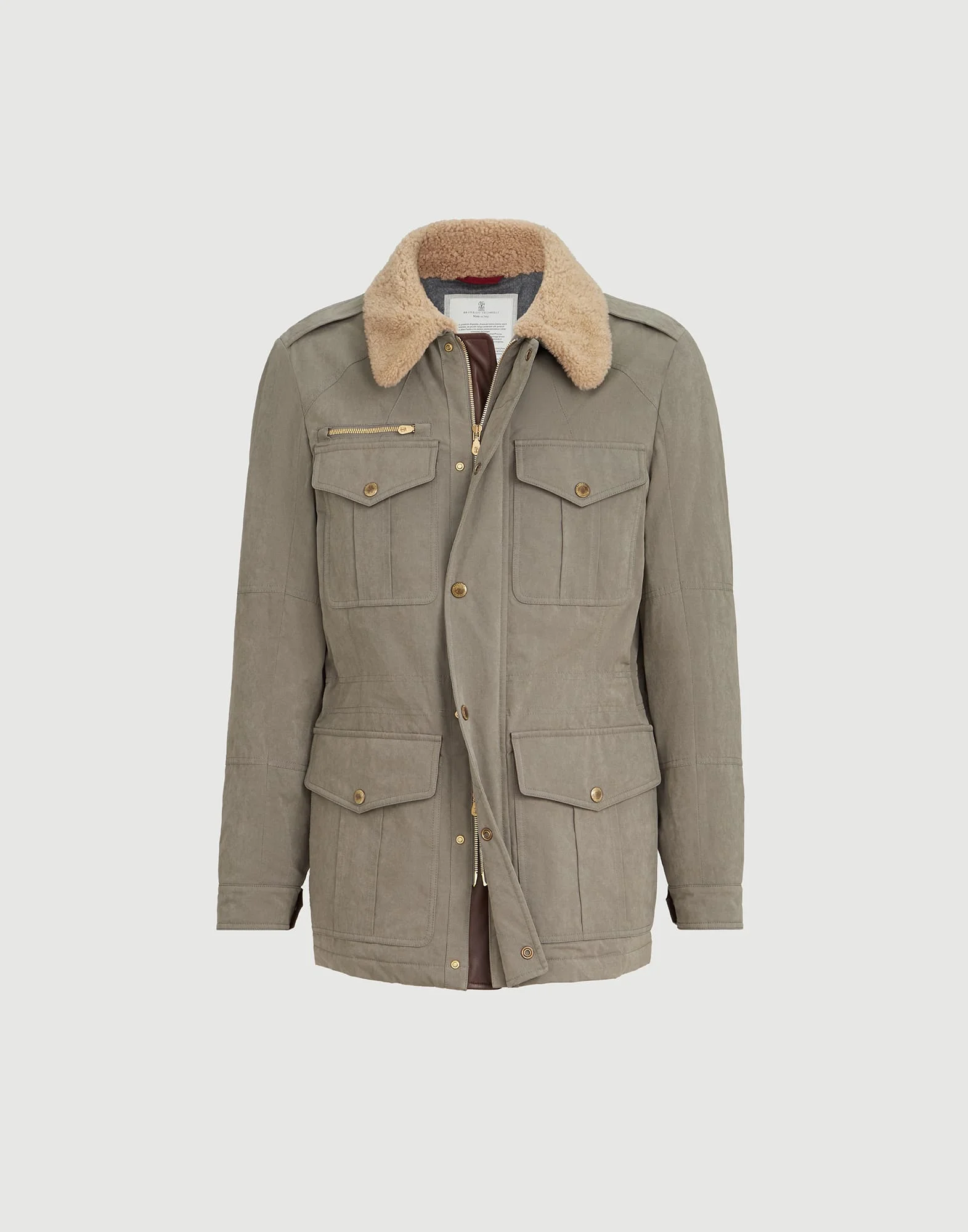 Waxed techno cotton safari jacket with Thermore® padding, nappa leather inserts and shearling collar - 1