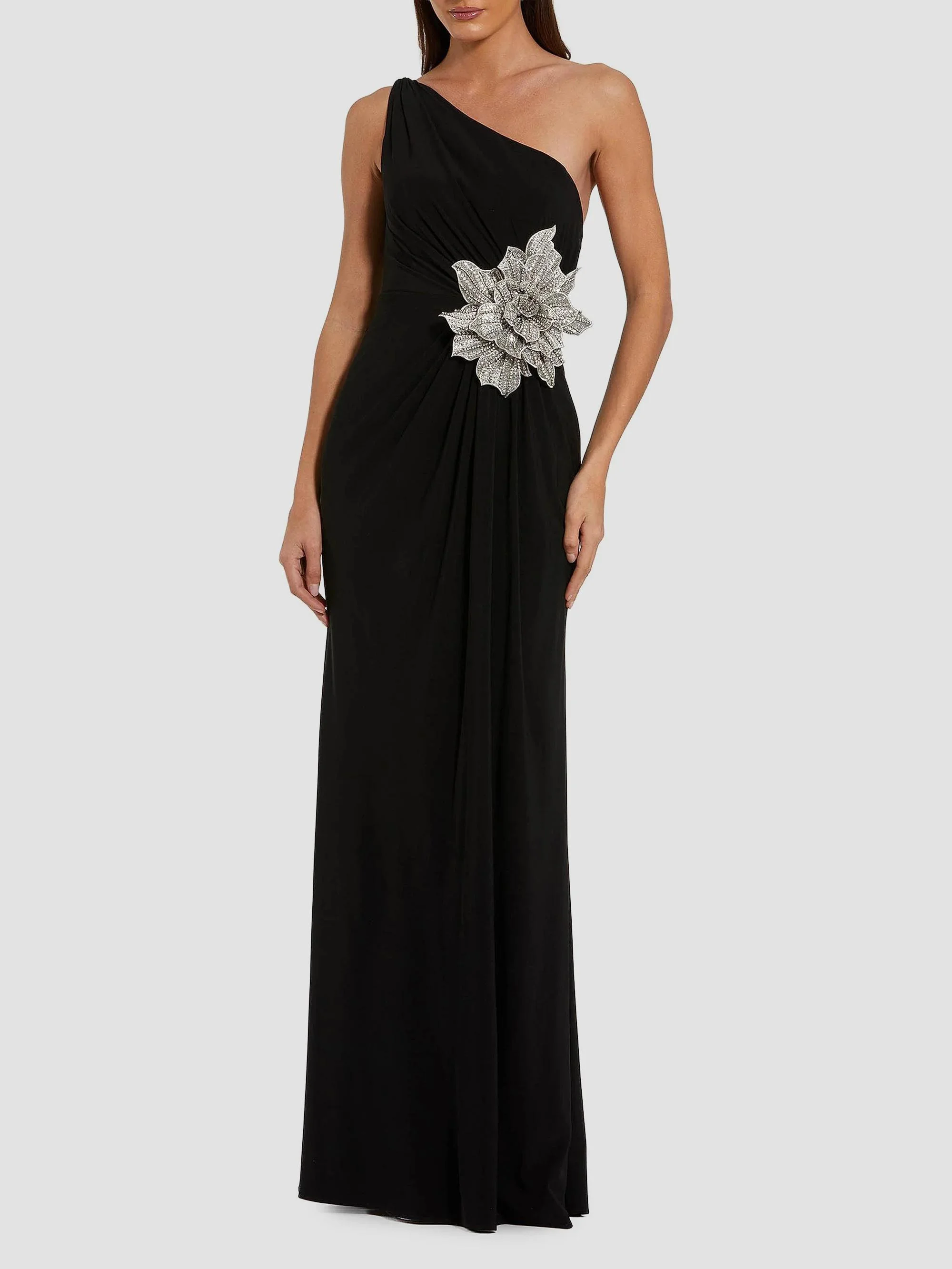 Women's 3D Rhinestone Floral One-Shoulder Jersey Gown - Black - 1