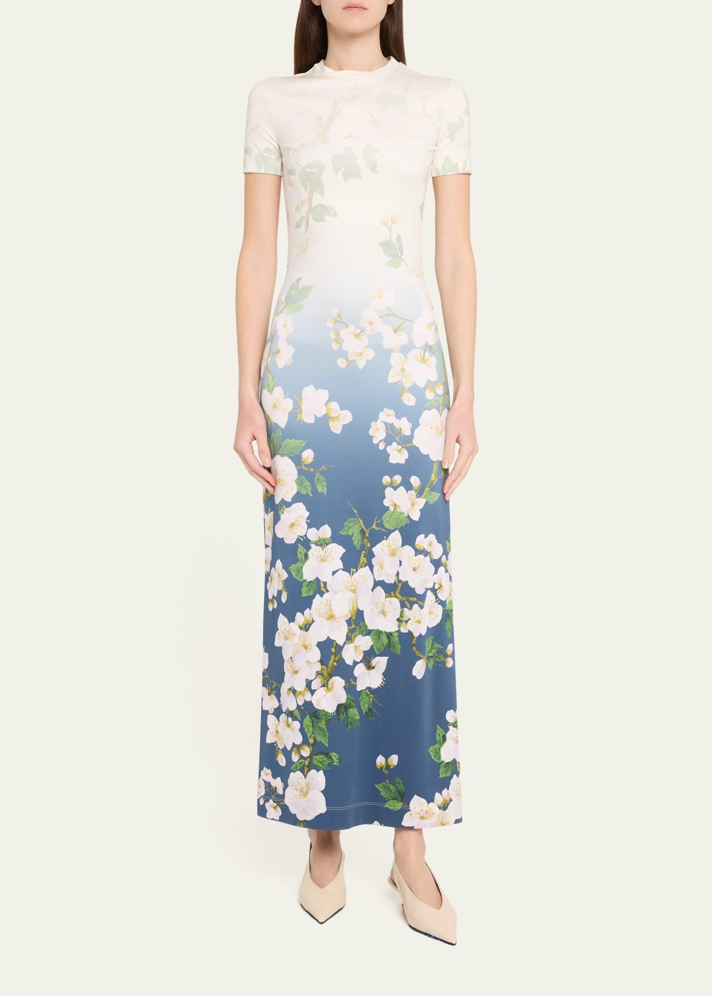 Short-Sleeve Cherry Blossom Jersey Ankle Dress - 2