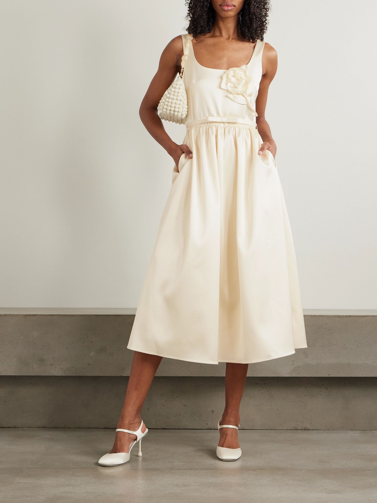 Appliquéd belted satin midi dress Cream - 2