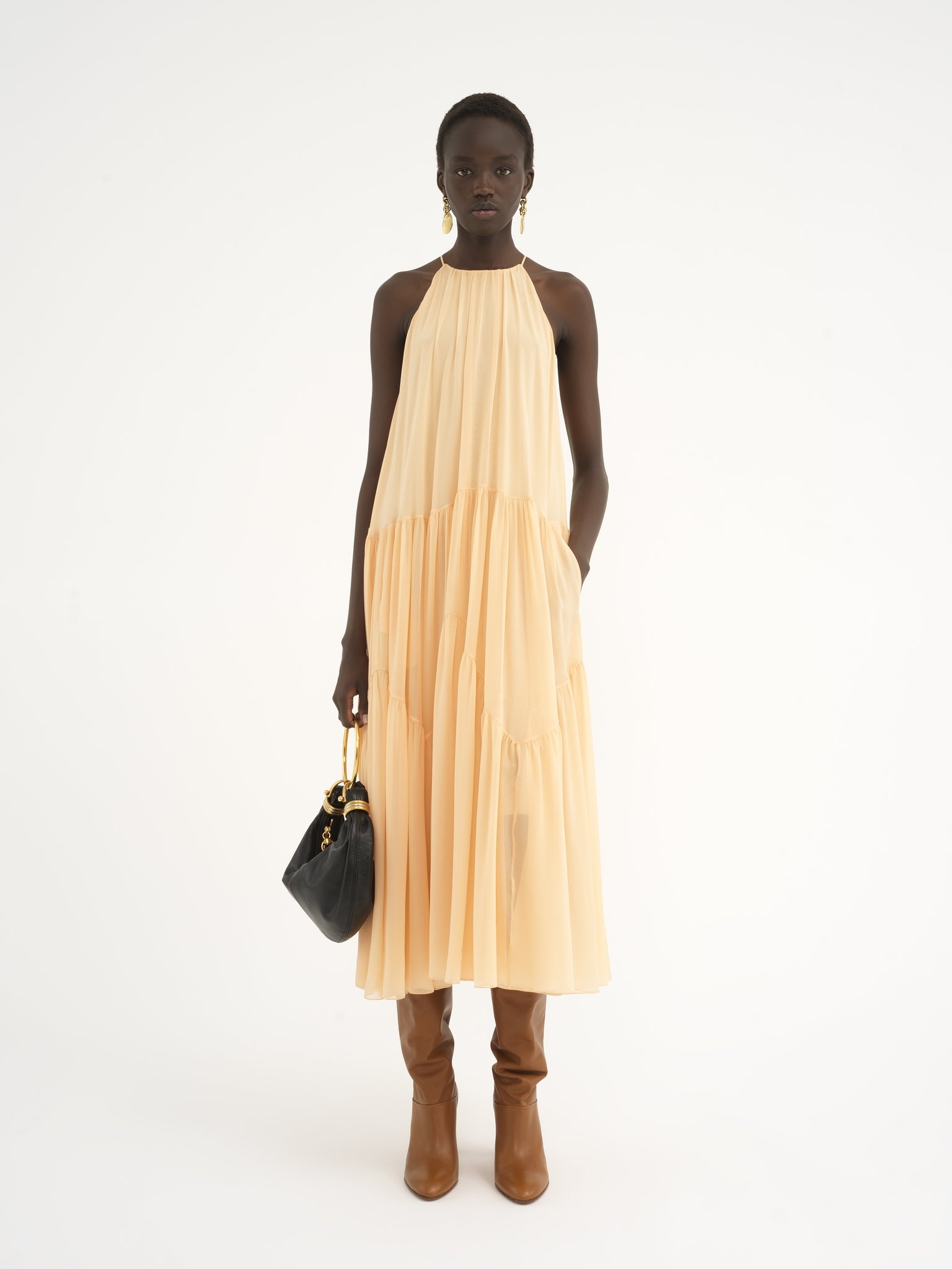 LONG GATHERED SUN DRESS IN SILK GEORGETTE - 3