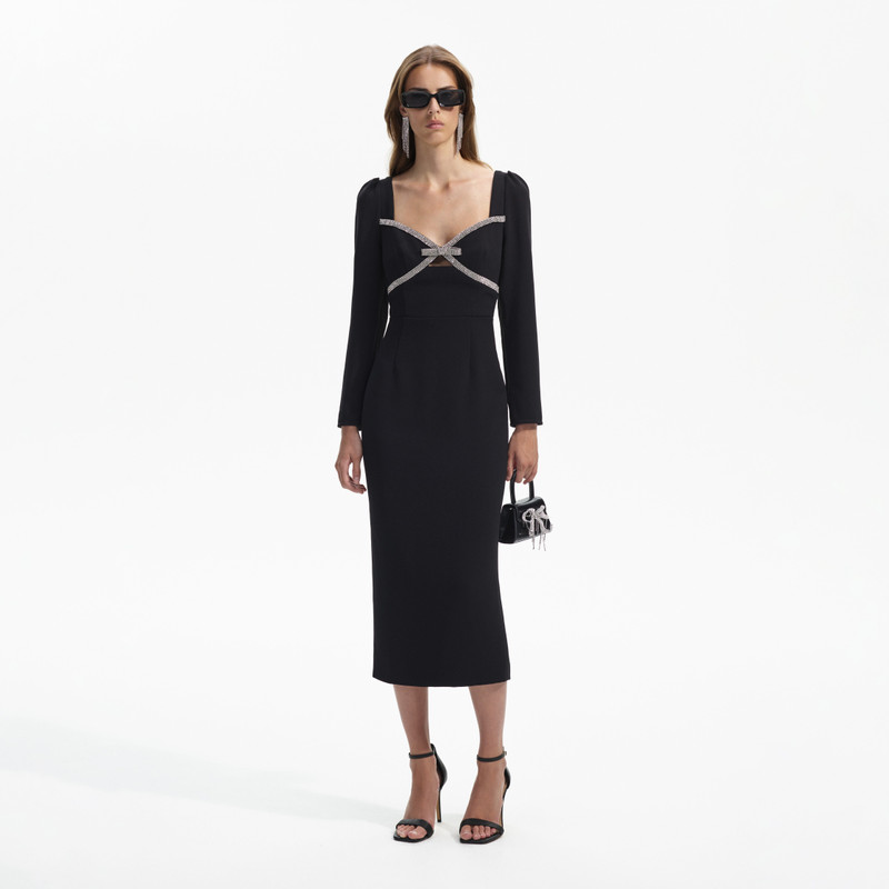self portrait black crepe diamante midi dress self-portrait Black Crepe Diamante Bow Midi Dress - SS24-031M-B