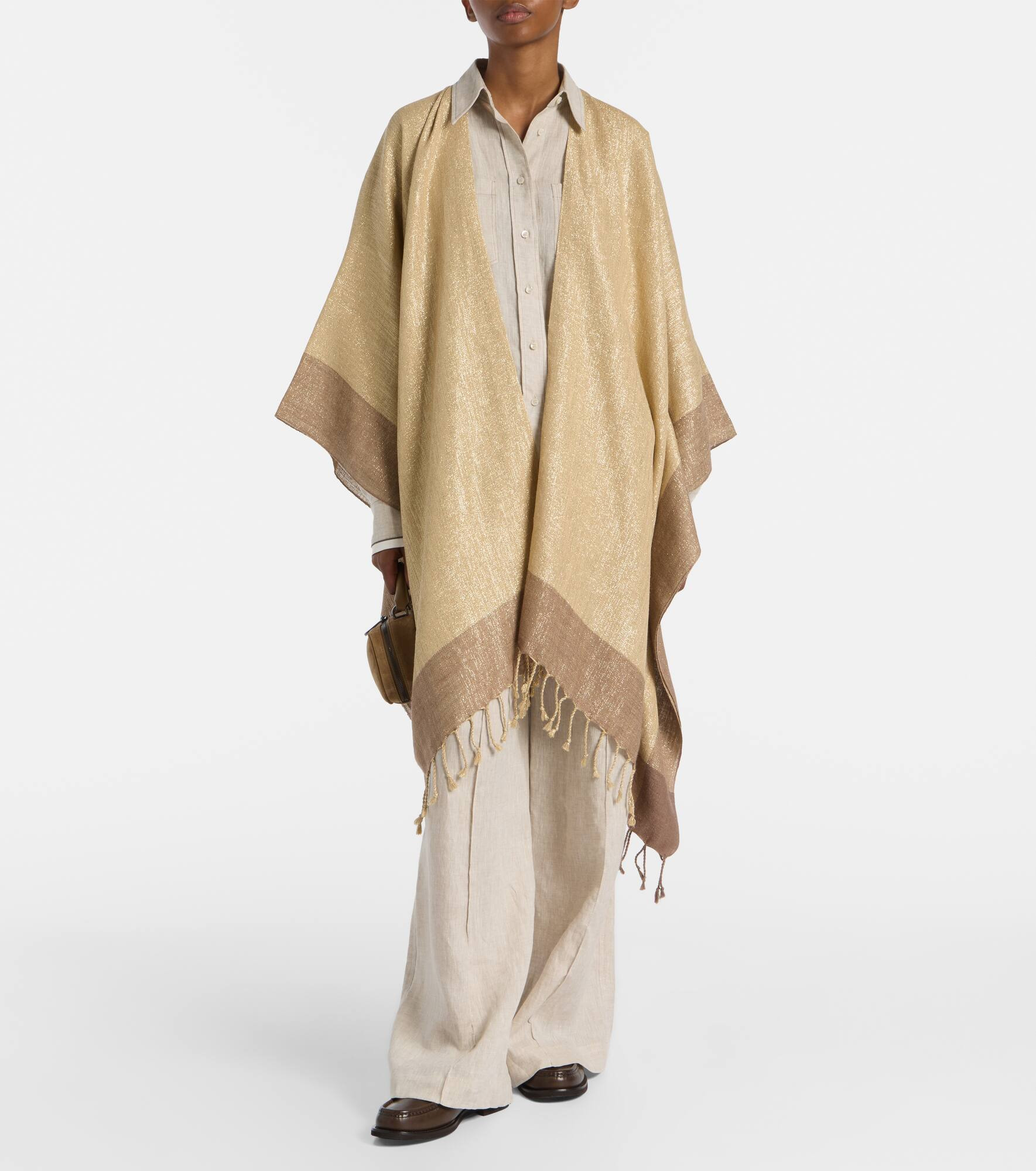 Fringed linen-blend lamé poncho - 2