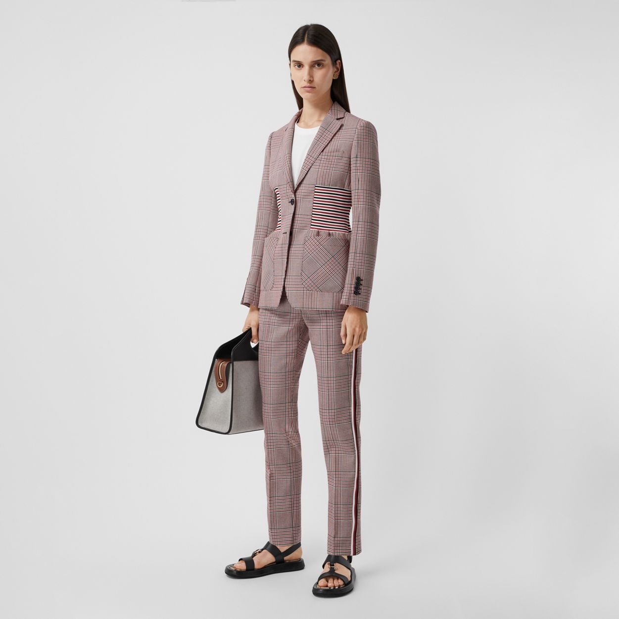 Side Stripe Houndstooth Check Wool Tailored Trousers - 2