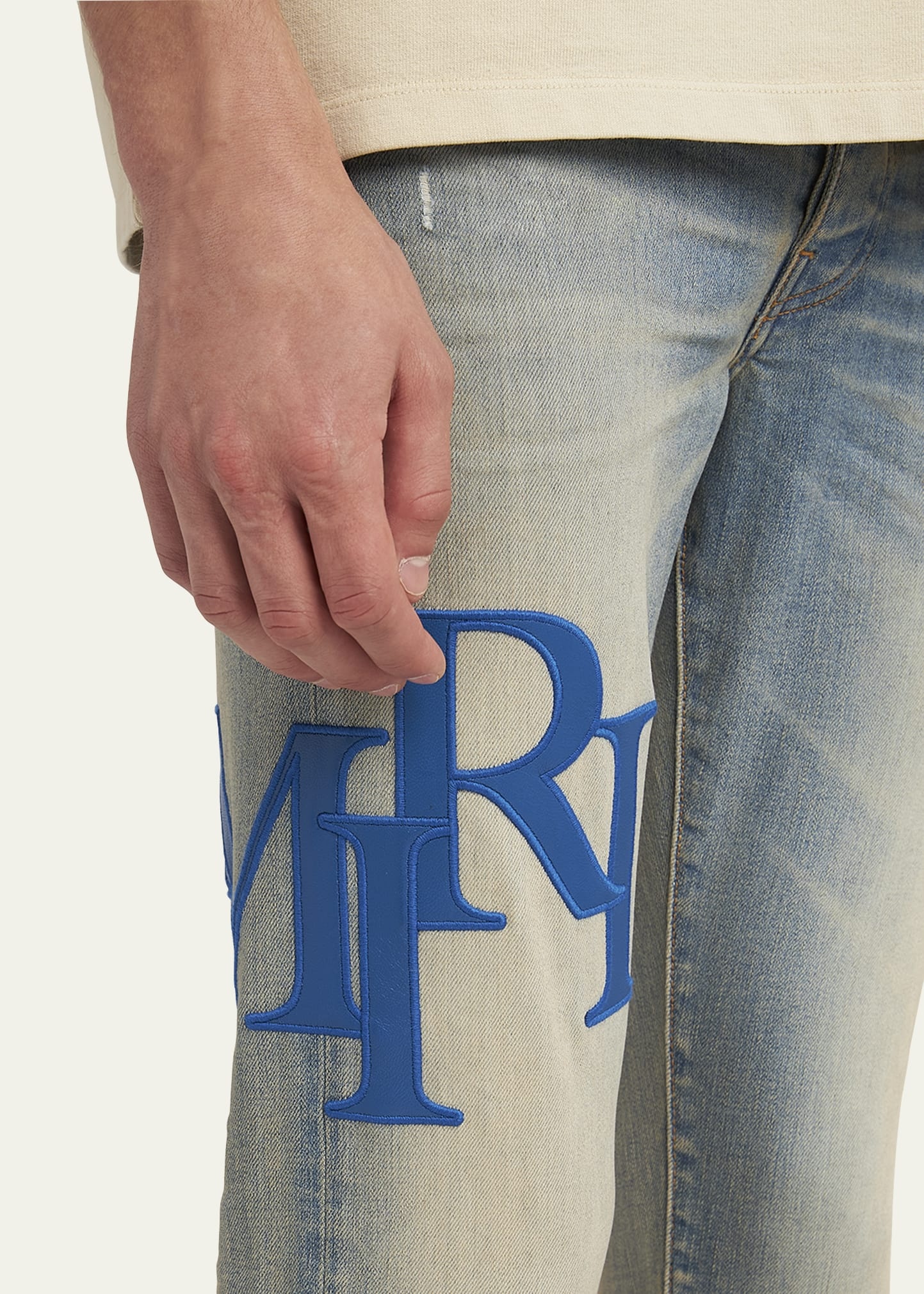 Men's Staggered Leather Logo Skinny Jeans - 5