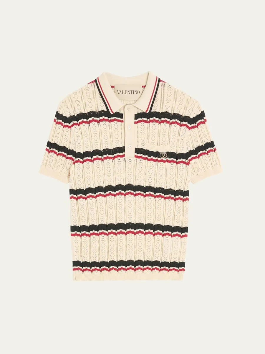 Men's Stripe Cotton Eyelet VLogo-Pocket Polo Shirt - 1