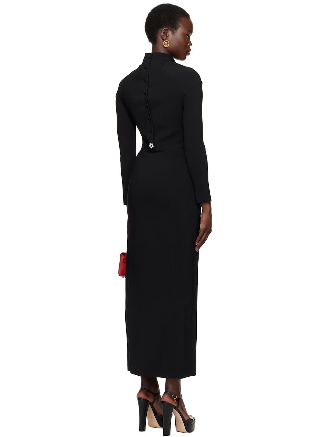 Black Cady Draped-Neck Slit Maxi Dress - 3