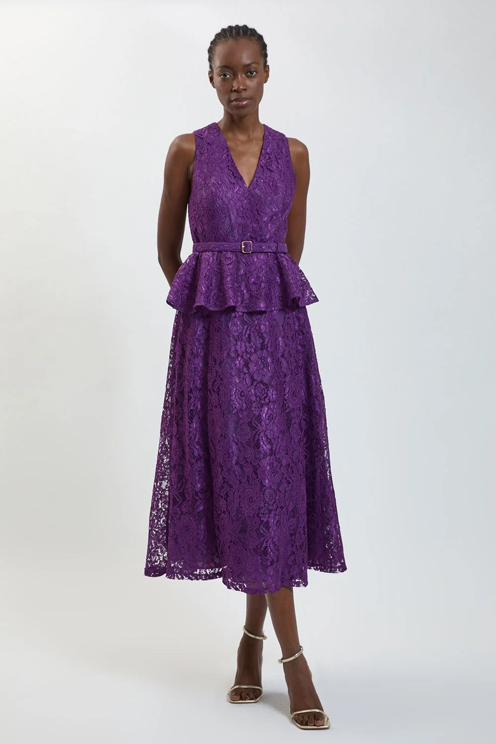Peplum Detail Belted Lace Midi Dress - 1