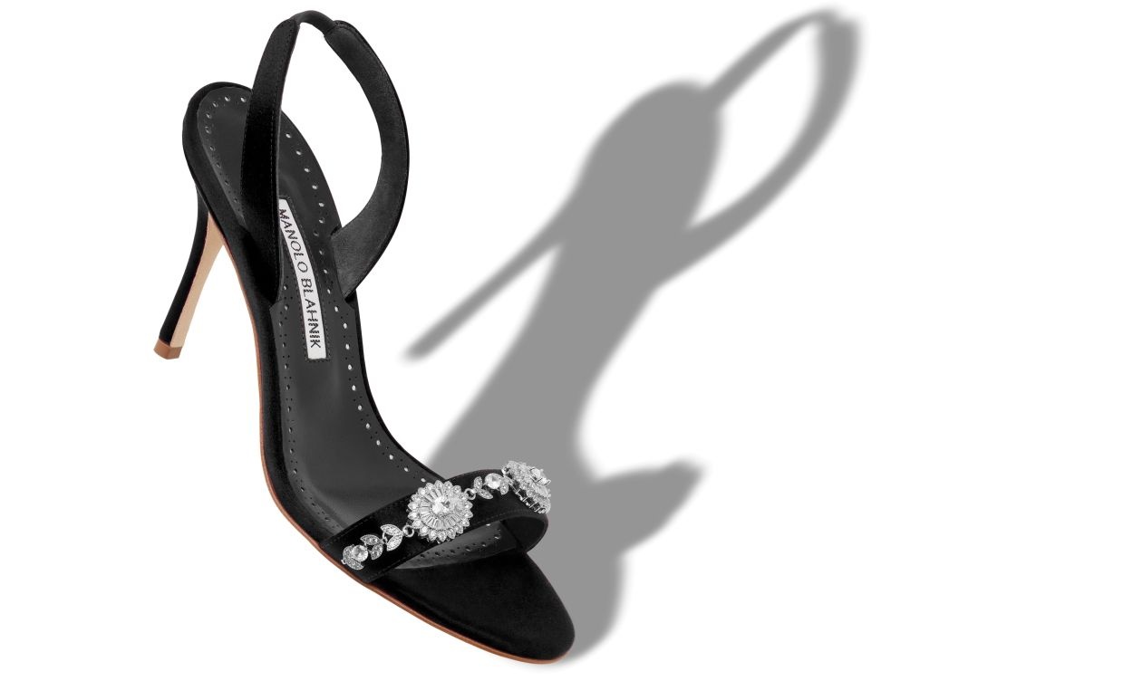 Black Satin Embellished Slingback Sandals - 2