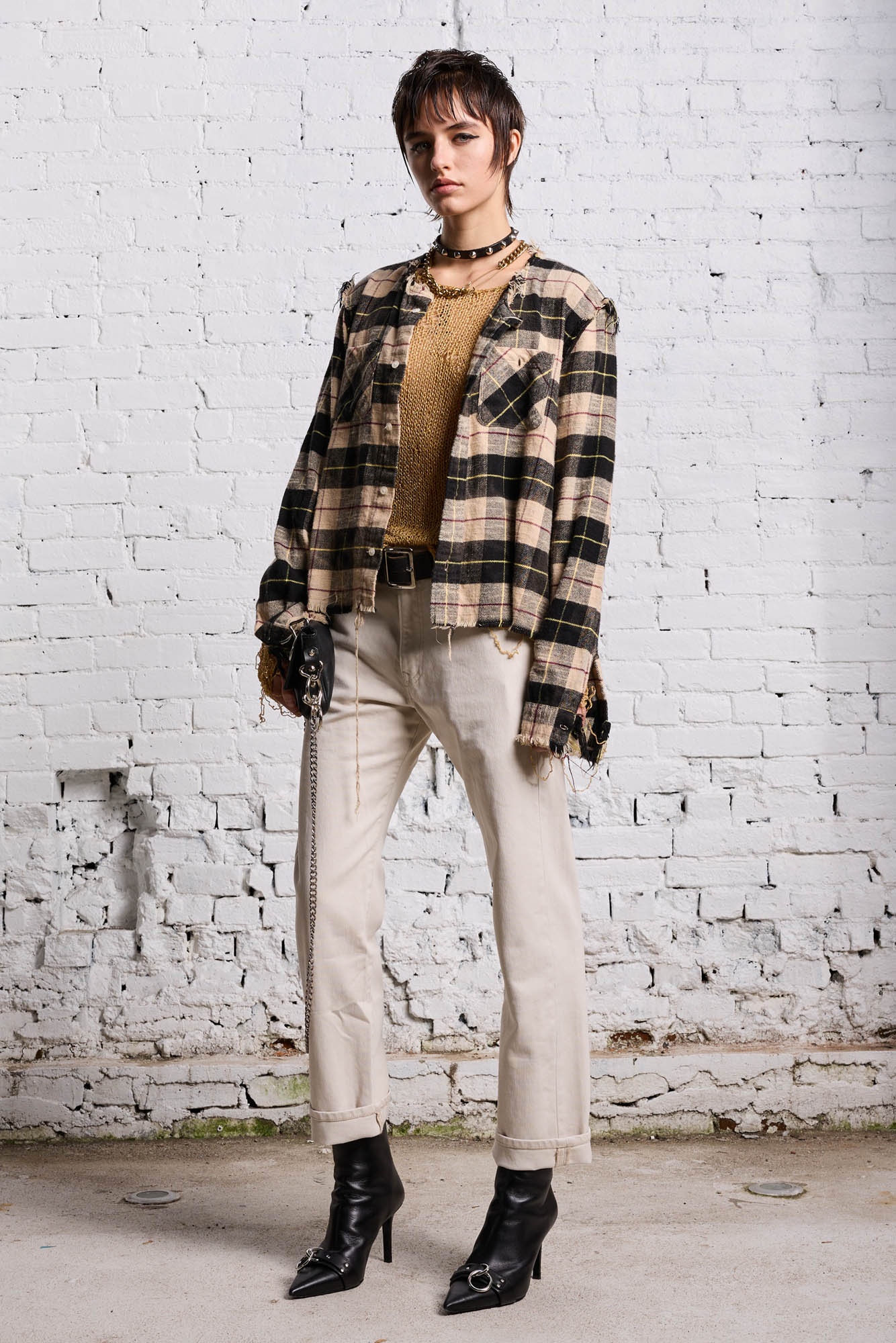 SHREDDED CREWNECK SHIRT - BLEACHED BEIGE PLAID - 3