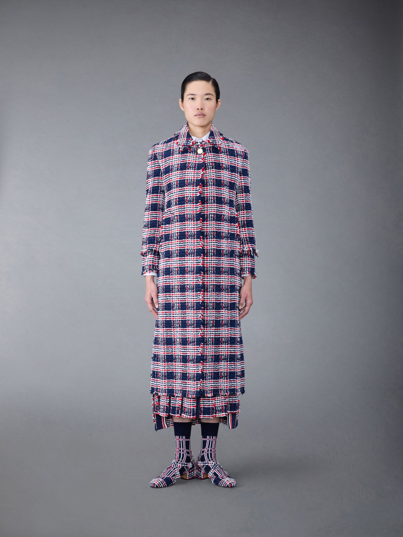 Prince of Wales Check Frayed Chenille Tweed Elongated Bal Collar Coat 1