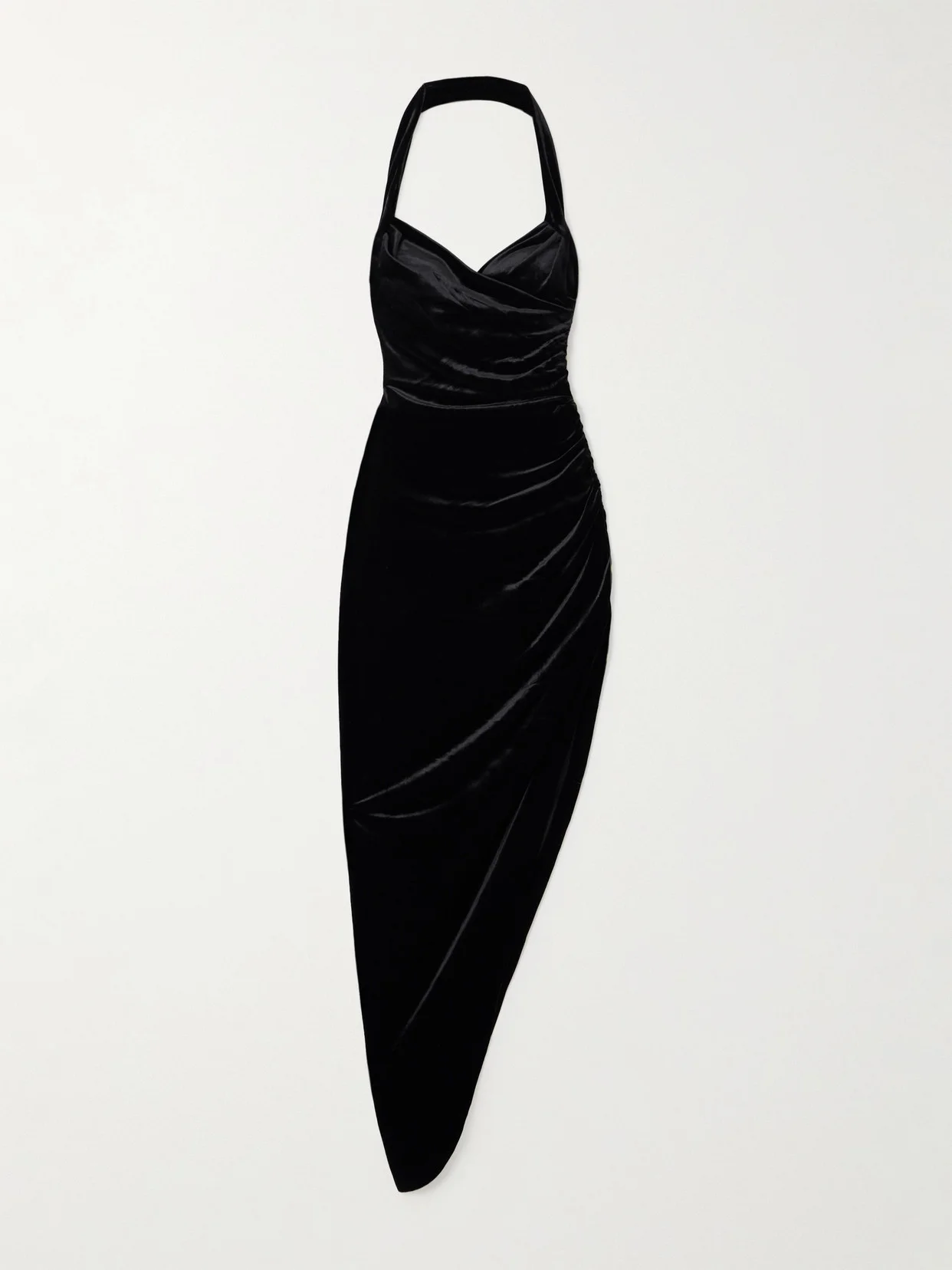 Cayla Asymmetric Ruched Velvet Halterneck Gown - 1