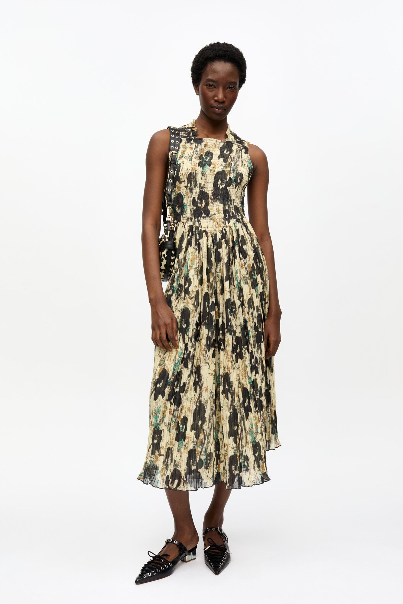 PRINTED PLEATS SMOCK MIDI STRAPS DRESS - 2