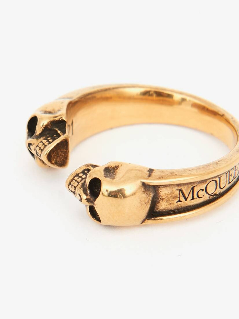 Men's Twin Skull Ring in Antique Gold 4