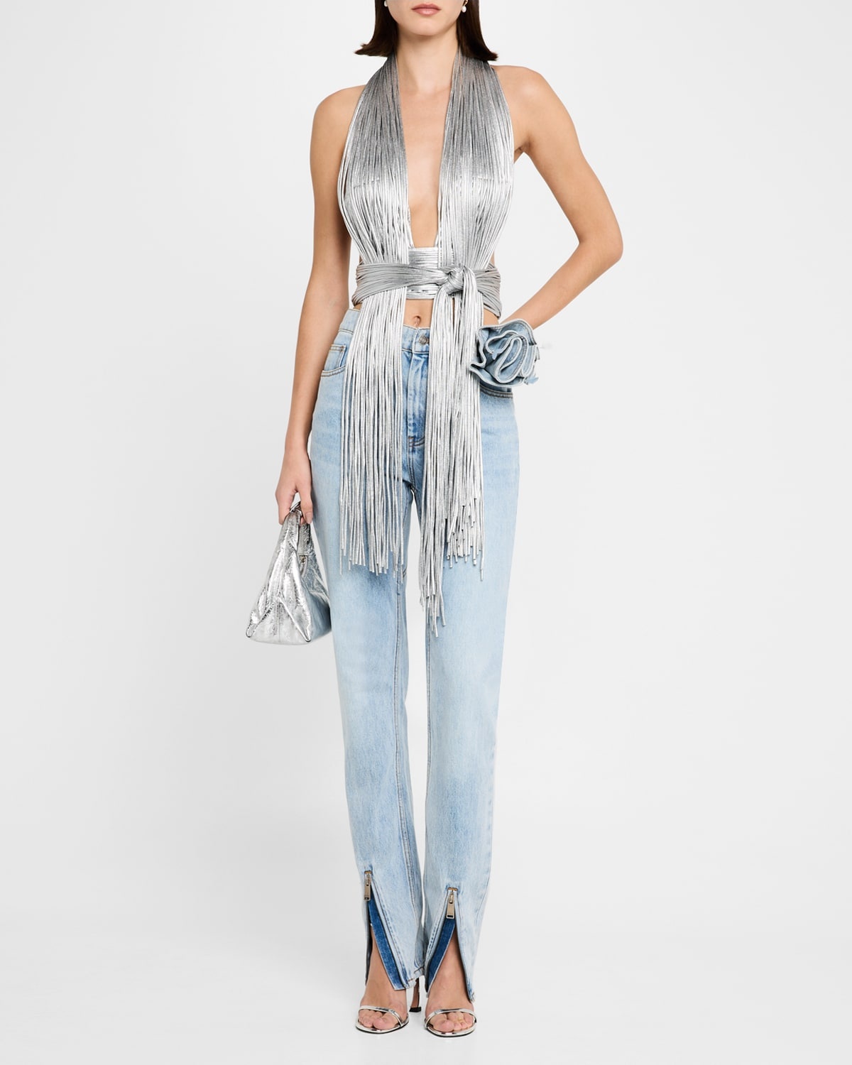 Metallic Fringe Knotted Halter Crop Top - 2