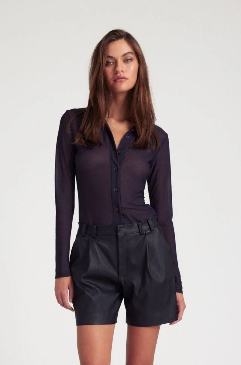 BLACK KNIT MESH BUTTON DOWN - 1