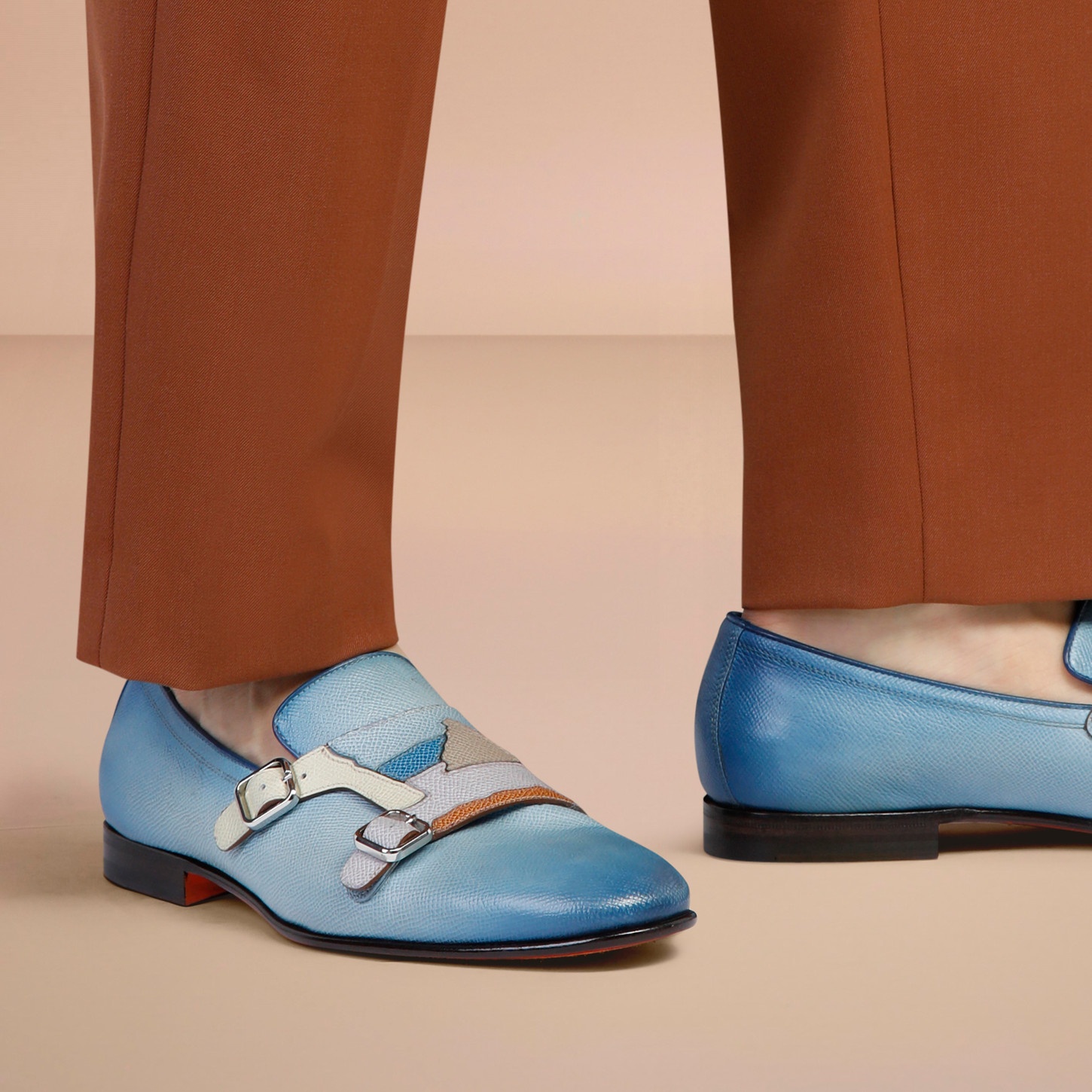 Men's light blue Saffiano leather double-buckle loafer - 2