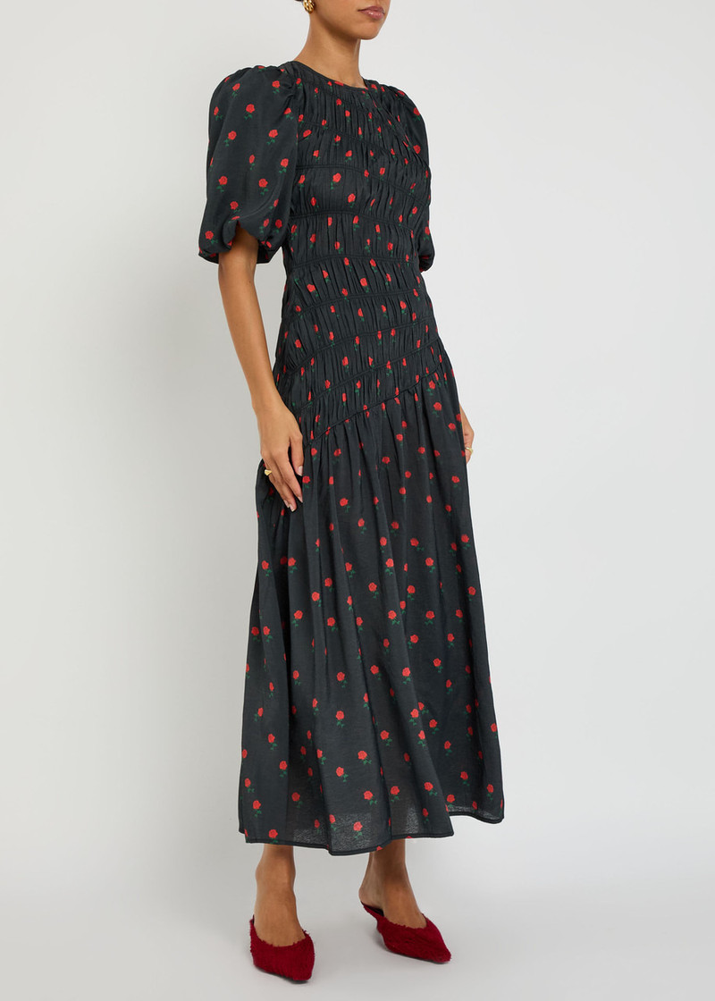 Never Fully Dressed Never Fully Dressed Nara Rose-print Shirred Woven Midi Dress outlook