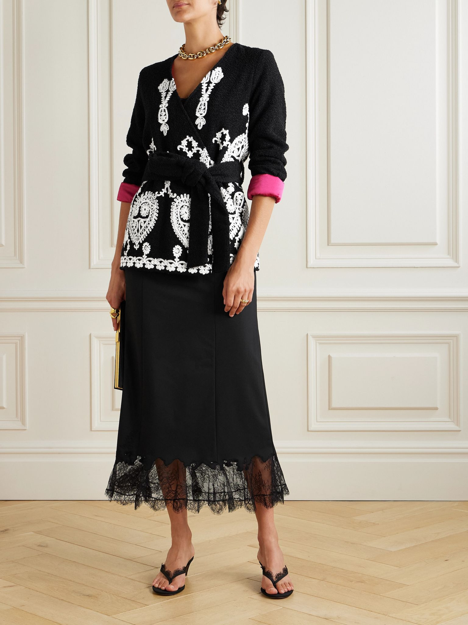 Elbaite belted embroidered wool-blend bouclé jacket Black - 2
