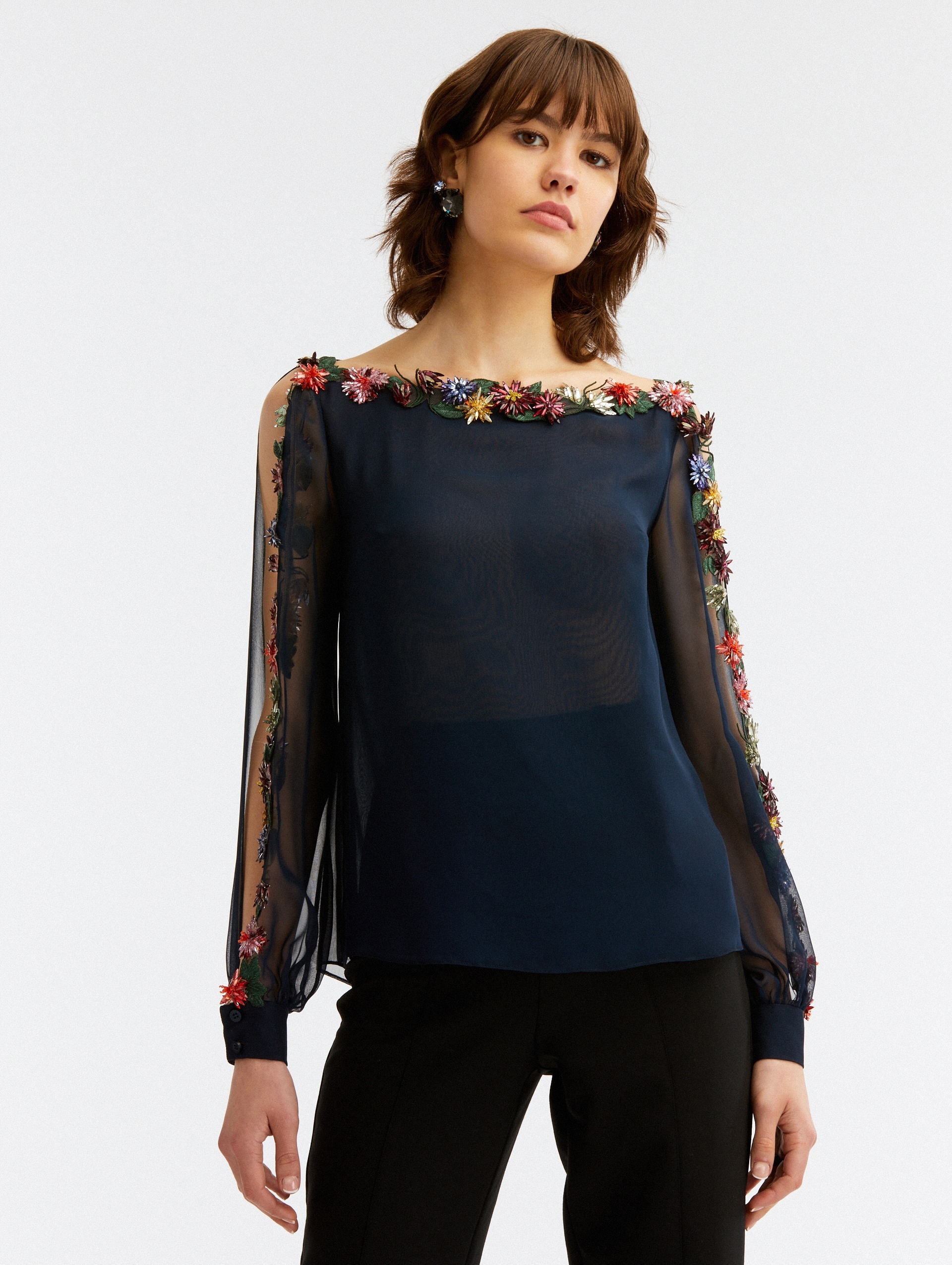 BATEAU NECK CRYSTAL EMBROIDERED BLOUSE - 2